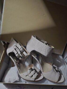Michael Kors Cream Leather Ankle-Strap Heels with Buckle Detail